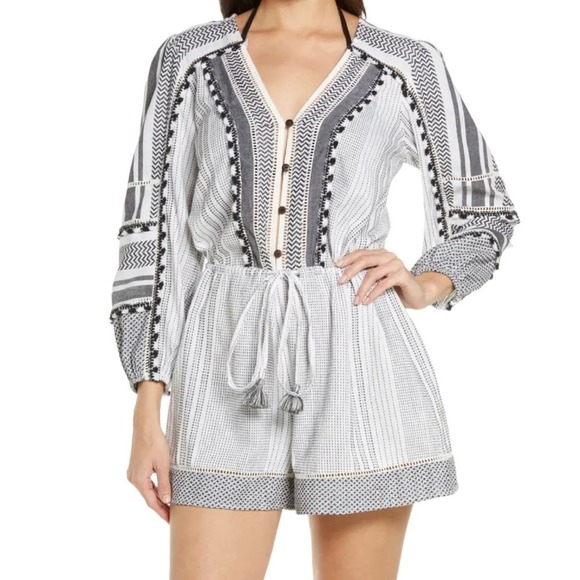 Veronica Beard NWT Boho Long Sleeve Cover-Up Bayleise Romper Black White Sz XS - Picture 1 of 6